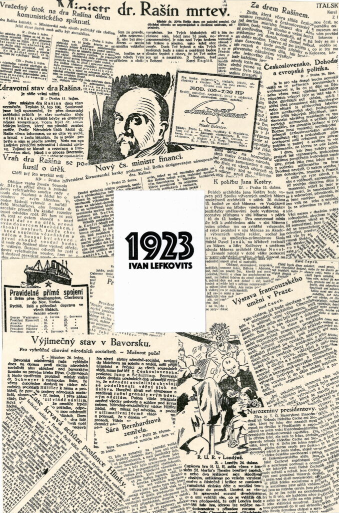 Obálka knihy na rubu kolážována z titulků z Lidových novin z roku 1923.